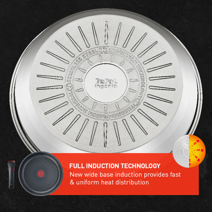 Metallic cookware with 'Tefal' branding on a dark background