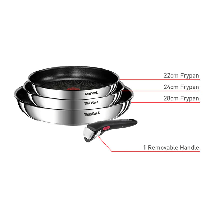 Set of Tefal frypans with sizes labeled on a white background