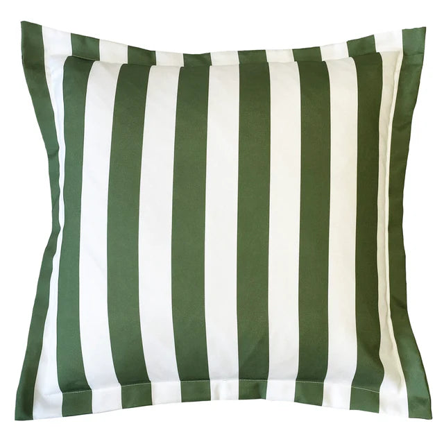 Green and white striped pillow on a white background