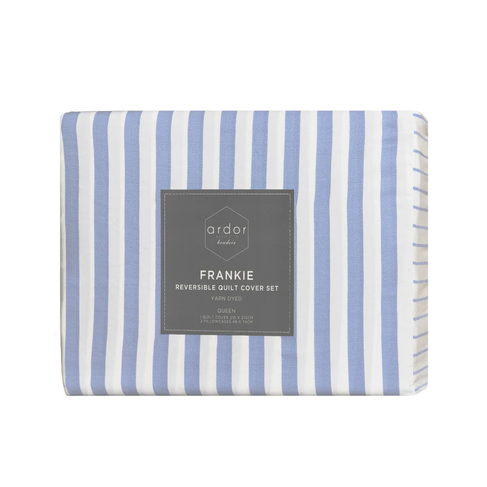 Striped quilt cover set with a visible brand label on a white background