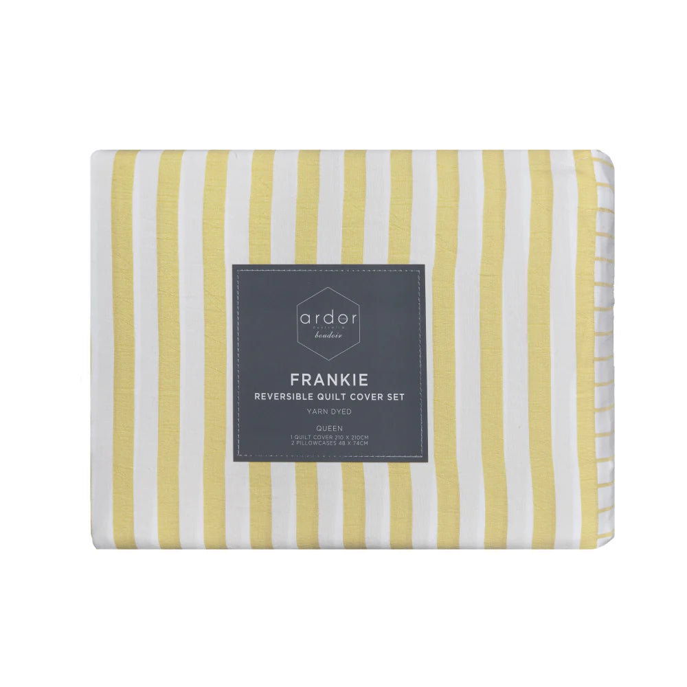 Yellow and white striped quilt cover set with a visible brand label on a white background
