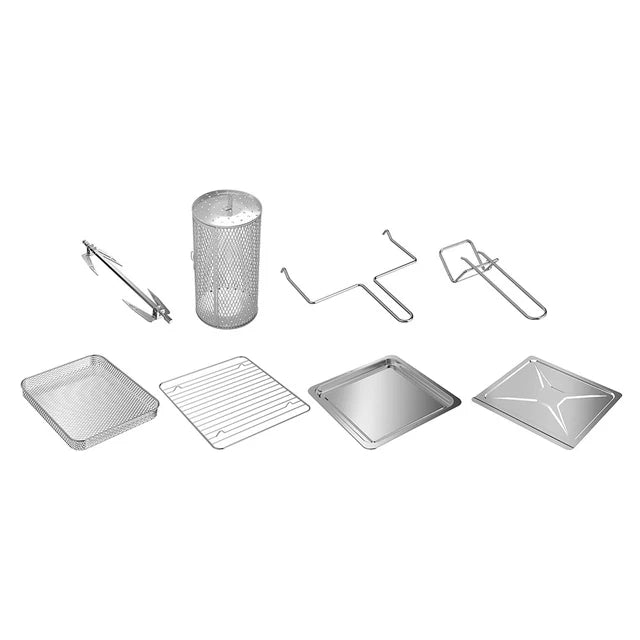 Set of stainless steel kitchen utensils including a pan, rack, and tongs on a white background