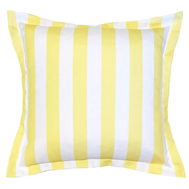 Yellow and white striped pillow on a white background