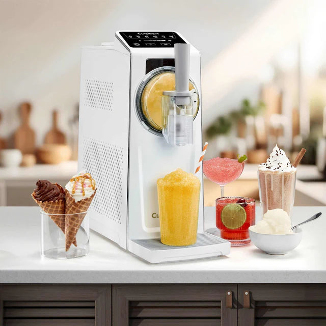 White kitchen appliance on a countertop with various drinks and ice cream cones.