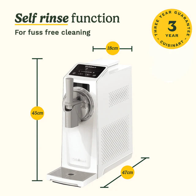 White water dispenser with dimensions and self-rinse function label on a white background