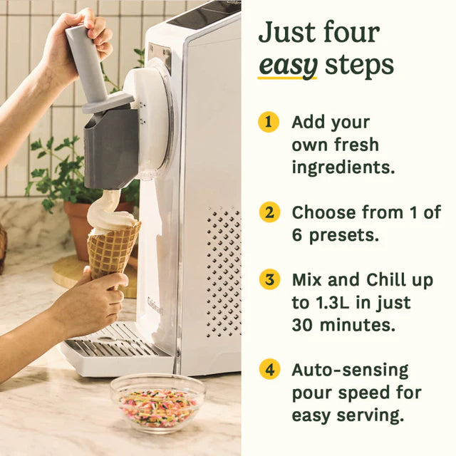 Ice cream maker being used to create ice cream, with text detailing four easy steps.