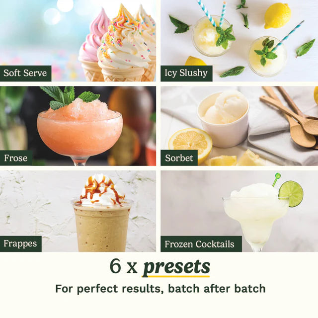 Collage of ice cream and frozen drinks with text labels and '6 x presets' promotion.